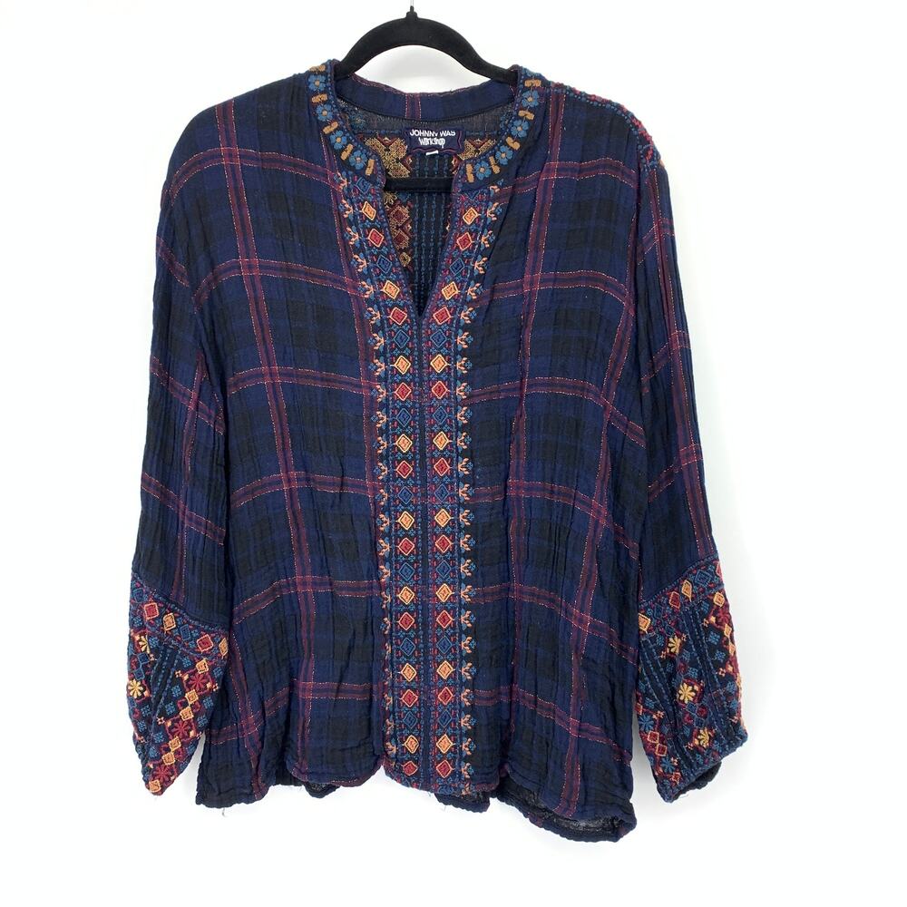 Johnny Was Workshop Split Neck Blouse XL Embroidered Navy Plaid Cotton Metallic